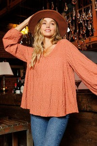 Hannah V-Neck Textured Balloon Sleeve Top