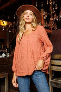 Hannah V-Neck Textured Balloon Sleeve Top