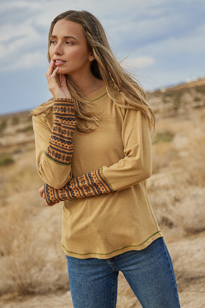 Esme Broader Print Contrast Detail Long Sleeve Top Mustard