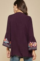 Harper Plum Embroidered Top w/Bell Shaped Sleeves