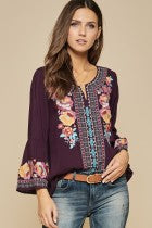 Harper Plum Embroidered Top w/Bell Shaped Sleeves